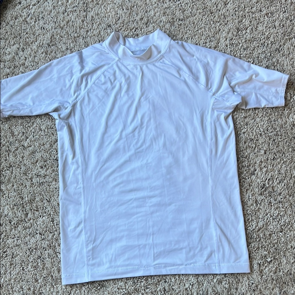 Lands' End White Rashguard Swim Shirt High Collar Short Sleeves NWOT